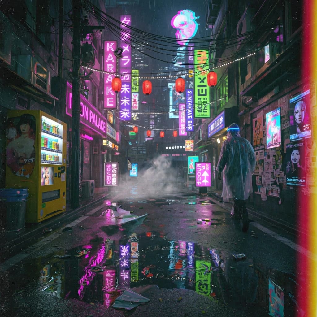 Cyberpunk Tokyo street, neon reflections in puddles, 35mm film grain
